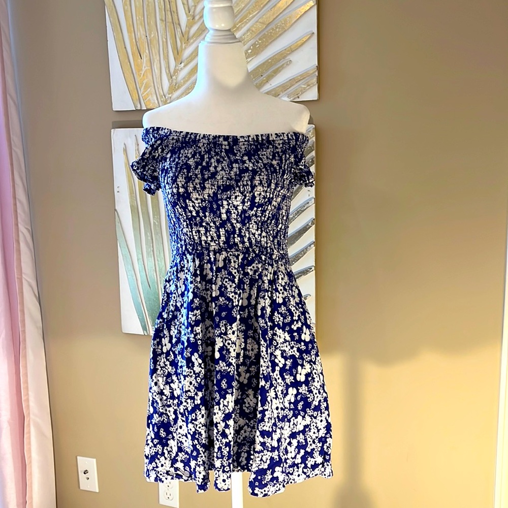 Express Blue and White Floral Off the Shoulder Dress